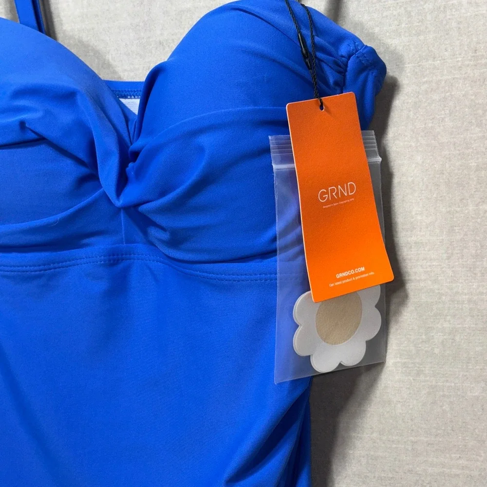 New GRND Blue Ruched‎ Tankini Swim Top S Adjustable Straps Recycled Polyester